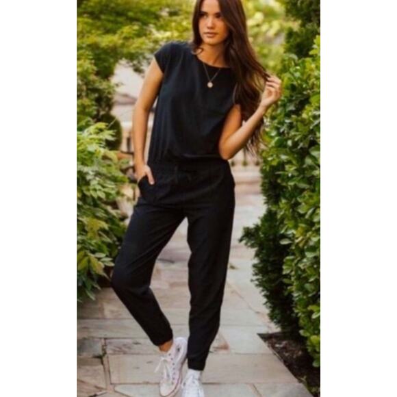 Albion Fit Everyday Jumpsuit •XL Petite•Black Ankle Zip Elastic Drawstring Waist - Picture 1 of 14